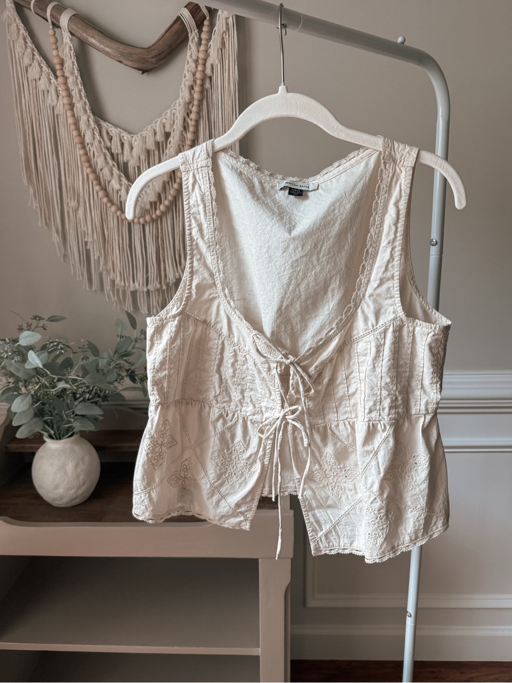 American Eagle Outfitters Cream Embroidered Lace-Up Top
